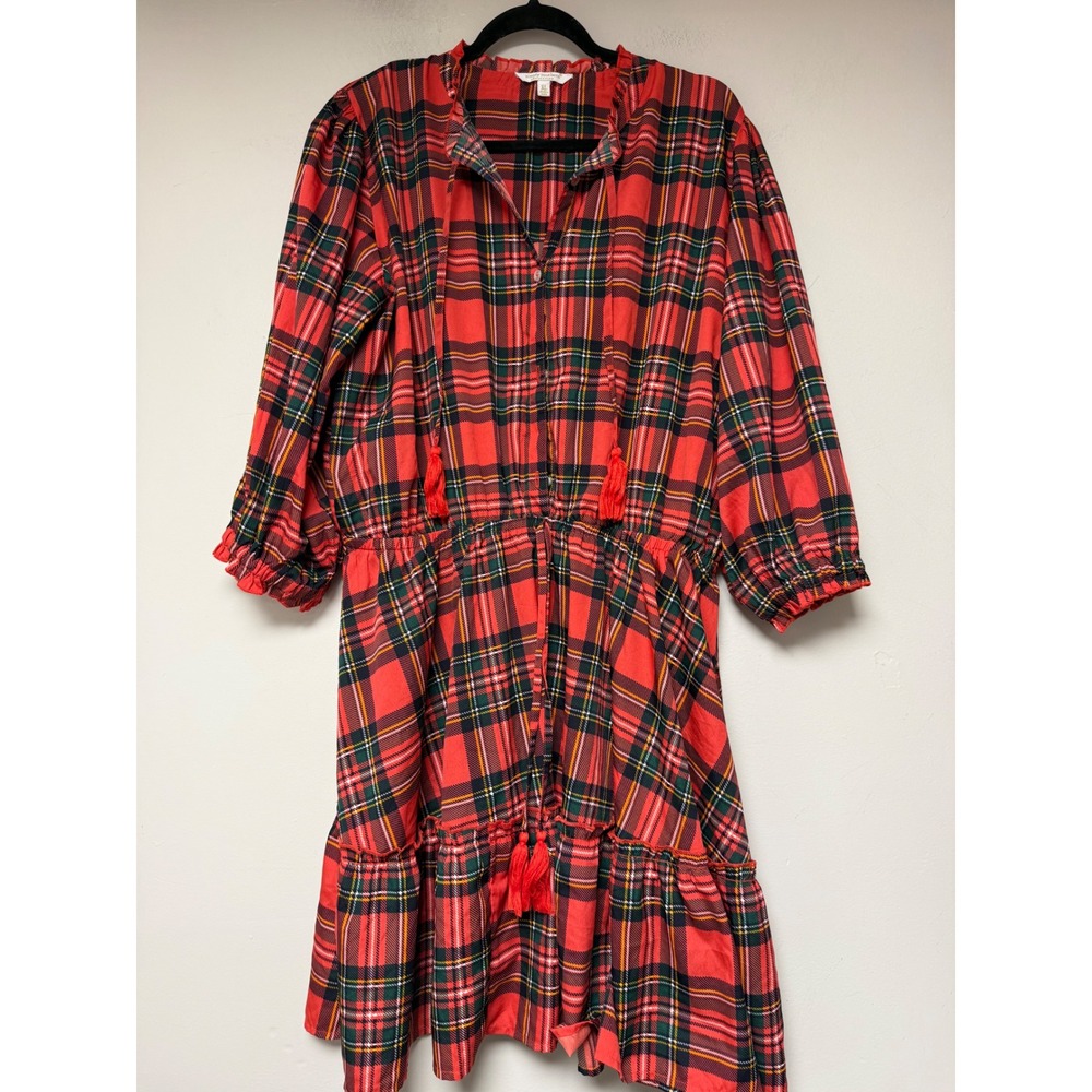 Simply Southern Collection Plaid Ruffle Tiered Dress Tassels Tunic XL Red‎